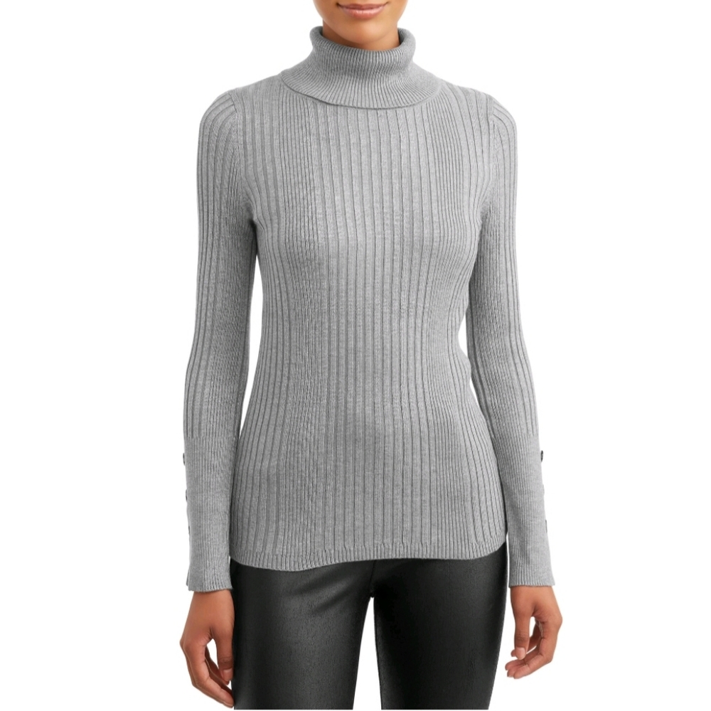 Button cuffs, Gray, ribbed turtleneck sweater,